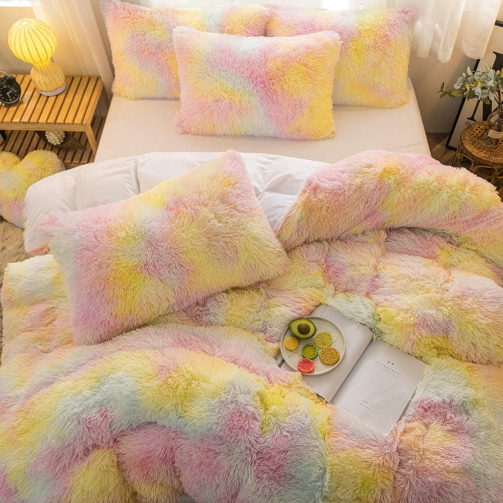 5 PCS Shaggy Duvet Cover Bedding Set - Fluffy Comforter Cover Long Faux Fur Luxury Ultra Soft Cozy (Ice Cream, Full/Queen)