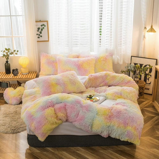 5 PCS Shaggy Duvet Cover Bedding Set - Fluffy Comforter Cover Long Faux Fur Luxury Ultra Soft Cozy (Ice Cream, Full/Queen)