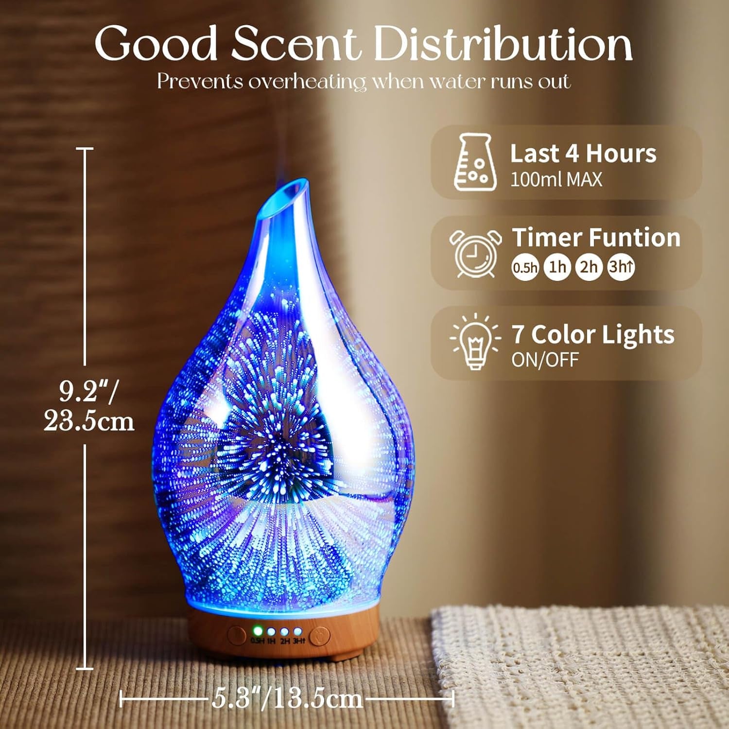 Essential Oil Diffuser 3D Glass Aromatherapy Ultrasonic Humidifier, Air Refresh Auto Shut-Off, Timer Setting, BPA Free for Home Hotel Yoga Leisure SPA Gift 100Ml Last 4H