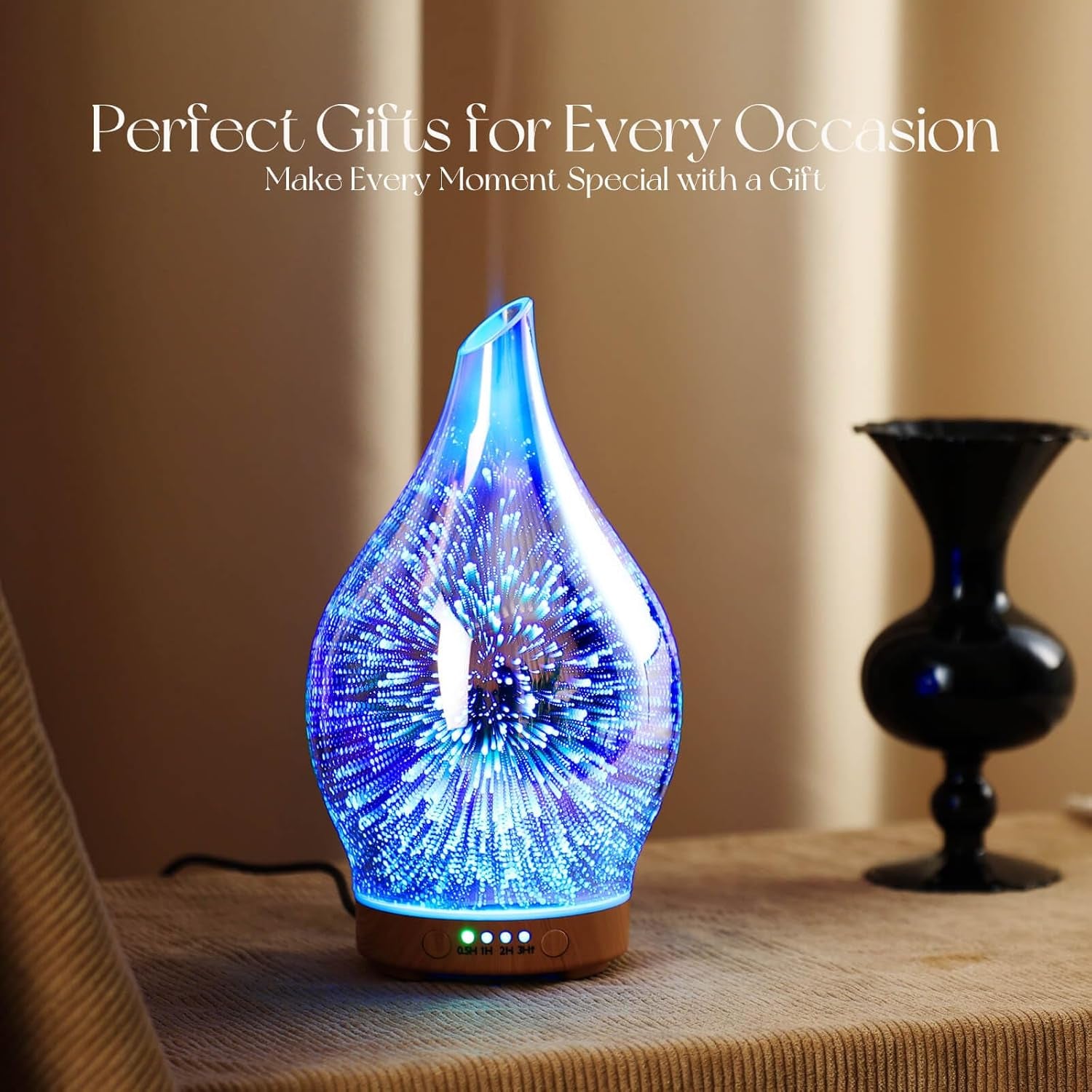 Essential Oil Diffuser 3D Glass Aromatherapy Ultrasonic Humidifier, Air Refresh Auto Shut-Off, Timer Setting, BPA Free for Home Hotel Yoga Leisure SPA Gift 100Ml Last 4H