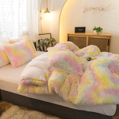 5 PCS Shaggy Duvet Cover Bedding Set - Fluffy Comforter Cover Long Faux Fur Luxury Ultra Soft Cozy (Ice Cream, Full/Queen)