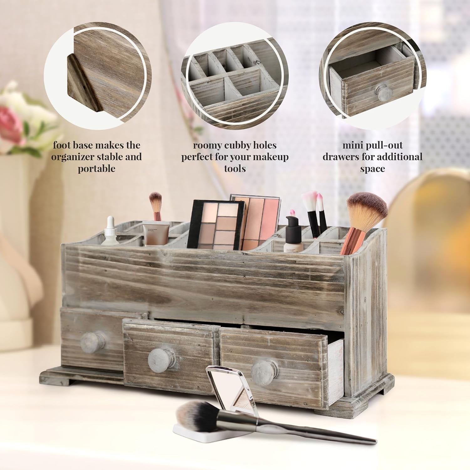 Vanity Drawer Beauty Organizer 3 Drawers - Wooden Cosmetic Storage Box for Neat & Organize Storing of Makeup Tools, Small Accessories at Home & Office Vanities & Bathroom Counter-Top (Rustic)