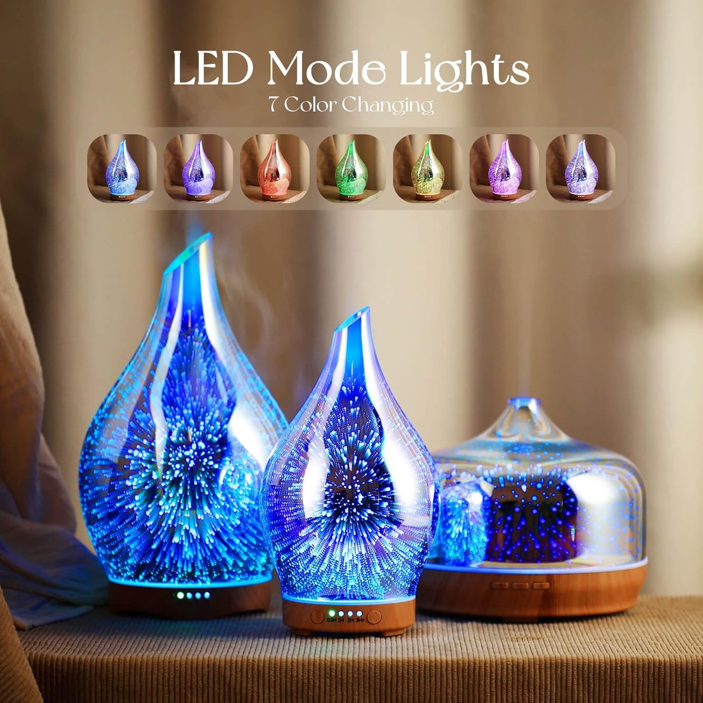 Essential Oil Diffuser 3D Glass Aromatherapy Ultrasonic Humidifier, Air Refresh Auto Shut-Off, Timer Setting, BPA Free for Home Hotel Yoga Leisure SPA Gift 100Ml Last 4H