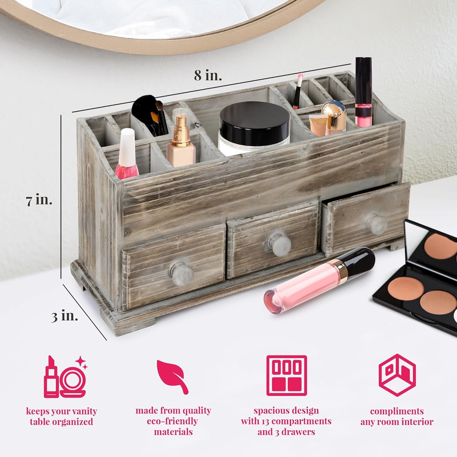 Vanity Drawer Beauty Organizer 3 Drawers - Wooden Cosmetic Storage Box for Neat & Organize Storing of Makeup Tools, Small Accessories at Home & Office Vanities & Bathroom Counter-Top (Rustic)