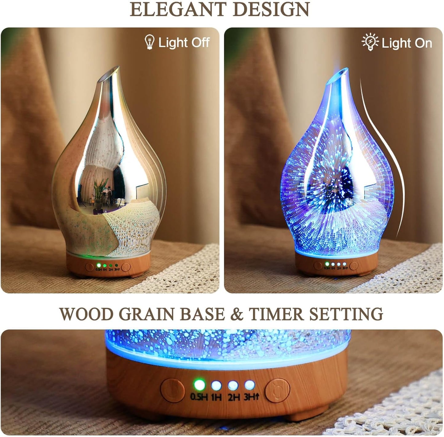 Essential Oil Diffuser 3D Glass Aromatherapy Ultrasonic Humidifier, Air Refresh Auto Shut-Off, Timer Setting, BPA Free for Home Hotel Yoga Leisure SPA Gift 100Ml Last 4H