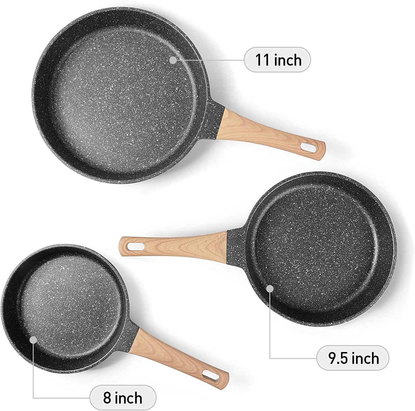 Nonstick Frying Pan Set, Granite Skillet Set with 100% PFOA Free, Omelette Pan Cookware Set with Heat-Resistant Ergonomic Handle, Induction Compatible(8Inch&9.5Inch&11Inch)